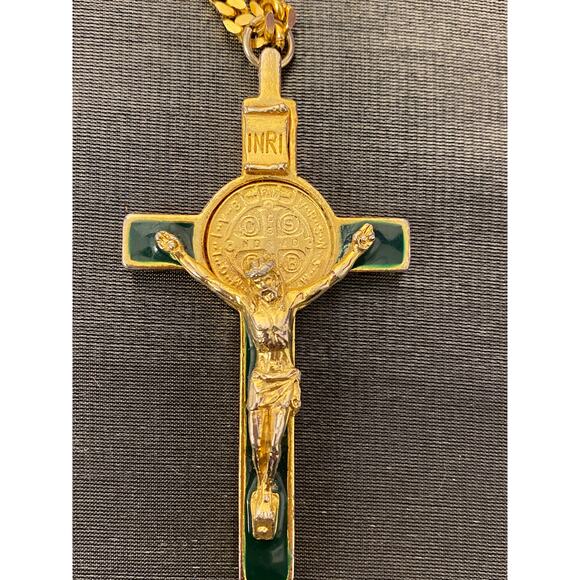 Gold tone St. Benedict Crucifix Pendant Necklace on Heavy Gold tone box chain. - Picture 13 of 16